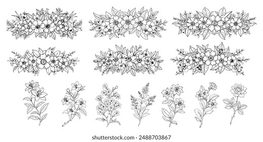 The image is a black and white line drawing of a floral arrangement consisting of multiple flowers connected by stems, and it appears to be a decorative border or pattern.