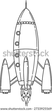 The image is a black and white line drawing depicting a rocket from a bottom-up perspective. The rocket has a pointed nose and a cylindrical body with visible details such as engines and fins. The fins are symmetrically arranged around the rocket's body, and the