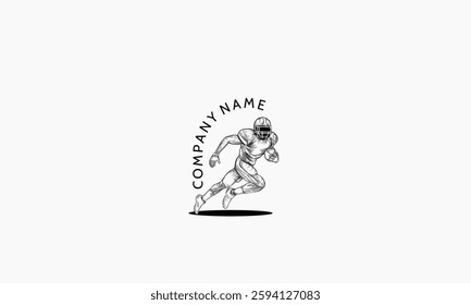 The image is a black and white logo of an athletic football player running with a ball.