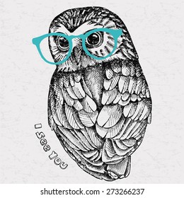 Image black and white owl with glasses on a gray background. Vector illustration.