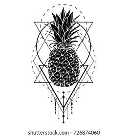 Image of black white pineapple fruit with geometric figures. Print t-shirt, graphic element for your design, tattoo design. Vector illustration.