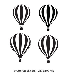 Image is a black and white silhouette of a hot air balloon