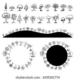 An image of a black and white Tree Drawing Set Circle Hills.