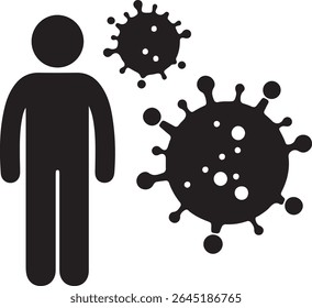 The image is a black and white vector illustration. A stylized person stands beside two virus icons, seemingly at risk of infection.