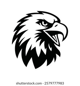 The image is a black-and-white stencil-style illustration of an eagle's head.