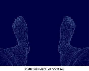 The image is a blue background with two feet in the foreground. The feet are connected by a line, and the image has a futuristic feel to it