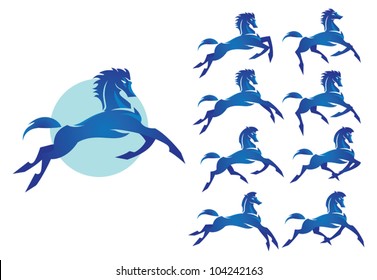 An Image Of A Blue Bronco. Wild Horse With Different Running Poses. Image Of Strong Character, Fast, Brave, Confident.