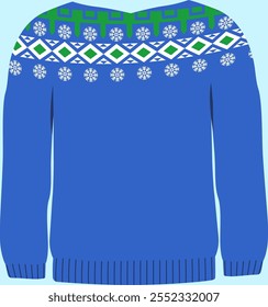 image of a blue Christmas jumper with green and white Christmas motifs