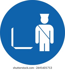 The image is a blue circular sign with a white silhouette of a person wearing a hat and sash, inspecting a suitcase or valise. This represents a security checkpoint or baggage inspection