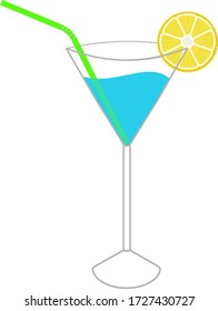 Image of a blue cocktail with lemon in a glass. Vector isolated on white background.