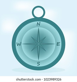 Image of blue compass with signs of north west east and south at the light blue background