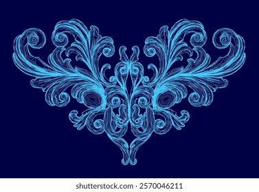 The image is a blue design of a flower with a blue center. The design is very intricate and detailed, with many small elements that make up the overall image