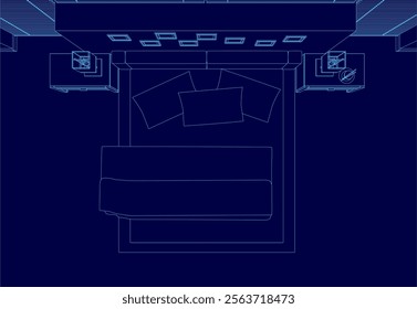 The image is a blue drawing of a bedroom with a bed, nightstands, and a couch. The bed is positioned in the center of the room, with pillows on top of it