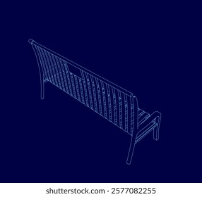 The image is a blue drawing of a bench with a blue outline