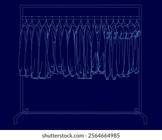 The image is a blue drawing of a clothes rack with various pieces of clothing hanging on it. The clothes are arranged in a neat and orderly fashion, with some hanging higher up