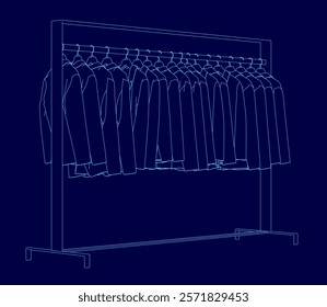 The image is a blue drawing of a clothes rack with many clothes hanging on it. The clothes are of various styles and colors, and they are all hanging neatly on the rack