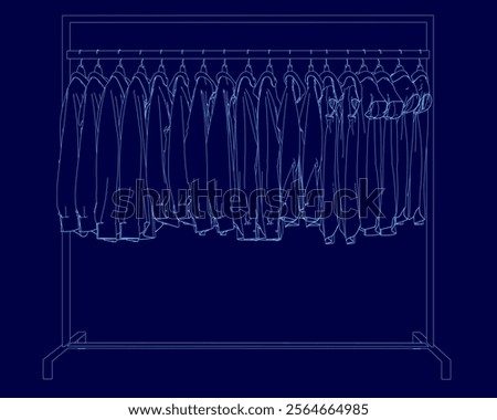 The image is a blue drawing of a clothes rack with various pieces of clothing hanging on it. The clothes are arranged in a neat and orderly fashion, with some hanging higher up