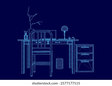 The image is a blue drawing of a desk with a chair and a computer. The desk has a drawer and a vase on it