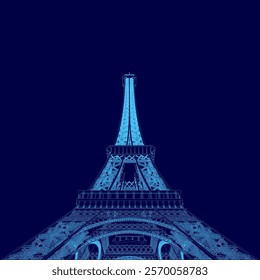 The image is a blue drawing of the Eiffel Tower. The tower is lit up and he is at night, giving it a mysterious and romantic atmosphere. The blue color scheme adds to the dreamy