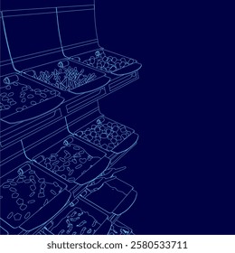 The image is a blue drawing of a food display with a blue background. The display is made up of several different compartments, each containing various types of food