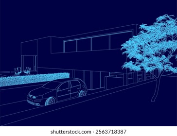 The image is a blue drawing of a house with a car parked in front of it. The house is a modern design with large windows and a sleek appearance