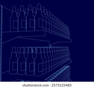 The image is a blue drawing of a liquor store shelf filled with various bottles of beer. The shelf is almost completely filled with bottles, with some bottles stacked on top of each other