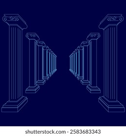 The image is a blue drawing of a long hallway with pillars lining the walls. The hallway appears to be empty and the pillars are evenly spaced, creating a sense of order and structure