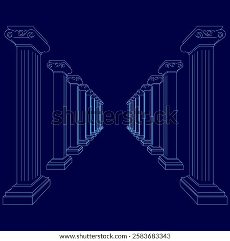 The image is a blue drawing of a long hallway with pillars lining the walls. The hallway appears to be empty and the pillars are evenly spaced, creating a sense of order and structure