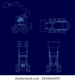 The image is a blue drawing of a machine with a shovel on the front. The machine is designed to be used for digging and moving materials. The shovel is positioned in the front of the machine