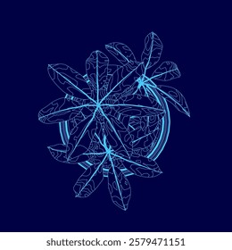 The image is a blue drawing of a plant with leaves and stems. The drawing is of a plant with leaves and stems, and it has a blue color scheme