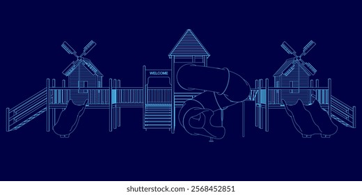 The image is a blue drawing of a playground with a slide and a merry go round. The slide is located in the middle of the playground, while the merry go round is situated on the right side