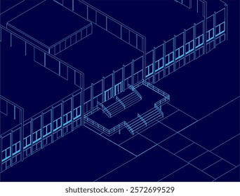 The image is a blue drawing of a school building with a staircase leading up to the front entrance. The building is a large, modern structure with many windows and a sleek design