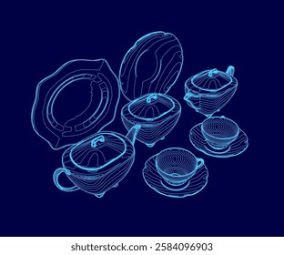 The image is a blue drawing of a set of dinnerware, including plates, bowls, and cups. The plates are arranged in a row, with the bowls and cups placed around them