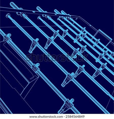 The image is a blue drawing of a soccer field with a blue background. The field is filled with blue lines, representing the goalposts and the field lines