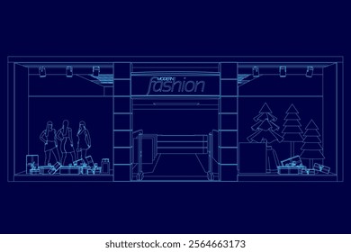 The image is a blue drawing of a store with a sign that says "Fashion". The store is shown in a blue background, and the white sign is placed above the entrance
