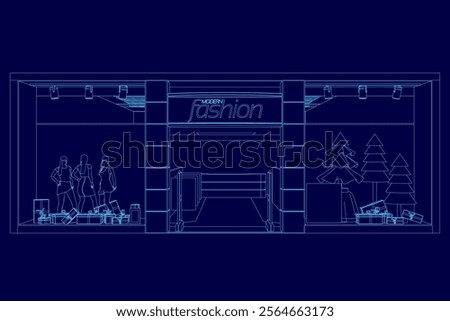 The image is a blue drawing of a store with a sign that says "Fashion". The store is shown in a blue background, and the white sign is placed above the entrance