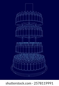 The image is a blue drawing of a tall stack of wine bottles. The bottles are arranged in a pyramid shape, with each level having more bottles than the one below it