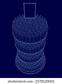 The image is a blue drawing of a tall stack of wine bottles. The bottles are arranged in a pyramid shape, with each level having more bottles than the one below it