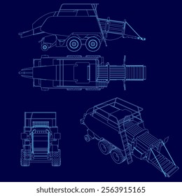 The image is a blue drawing of a tractor with a large open compartment. The tractor is shown from different angles, with the front, middle, and back views all clearly visible