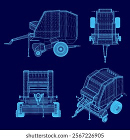 The image is a blue drawing of a tractor. The tractor is shown from different angles, with the front and back views displayed. The drawing is of a tractor with a blue background