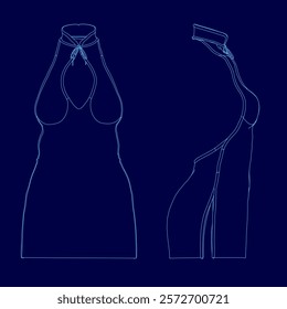 The image is a blue drawing of a woman's body, with the top half of the body shown in detail and the bottom half in black. The drawing is of a dress, and the woman is wearing a bra