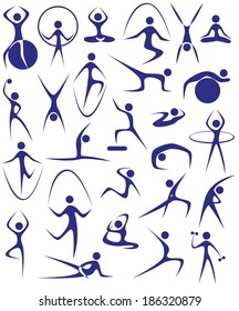 Image of blue icons with silhouettes of girls involved in sports.