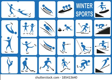 Image of blue icons with winter activities port on a white background.