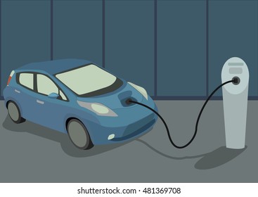The image of blue modern electrocar on charging