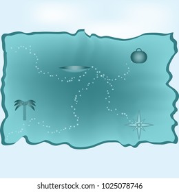 Image of a blue pirate map with a sign of palm tree, a star and a boat and a road to jewel