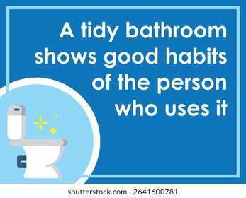 the image is a blue rectangular sign with an inner border. On the left, a toilet with sparkling stars indicates cleanliness. 