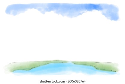 Image of blue sky, ocean and continent Watercolor style