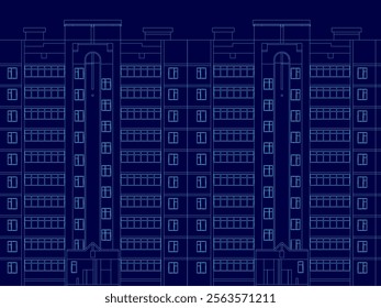 The image is a blue and white drawing of a cityscape with tall buildings. The buildings are shown in a stylized way, with the windows and doors arranged in a grid pattern