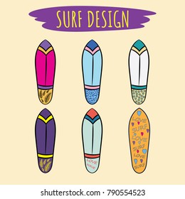 The image of a board of surf in various designs and inscription: "Surf design", "Love surf", "Love wave"