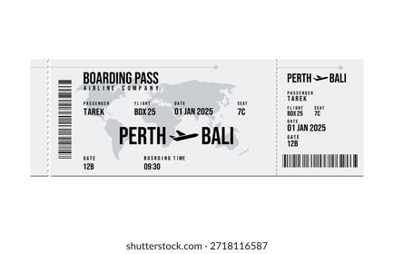 Imagem de um cartão de embarque mostrando os detalhes do voo de Perth para Bali em primeiro de janeiro